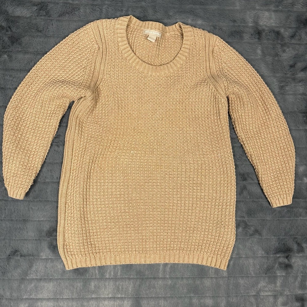 Banana Republic Womens Tan Cotton Cashmere Waffle Knit Crew Neck Sweater Tunic M
